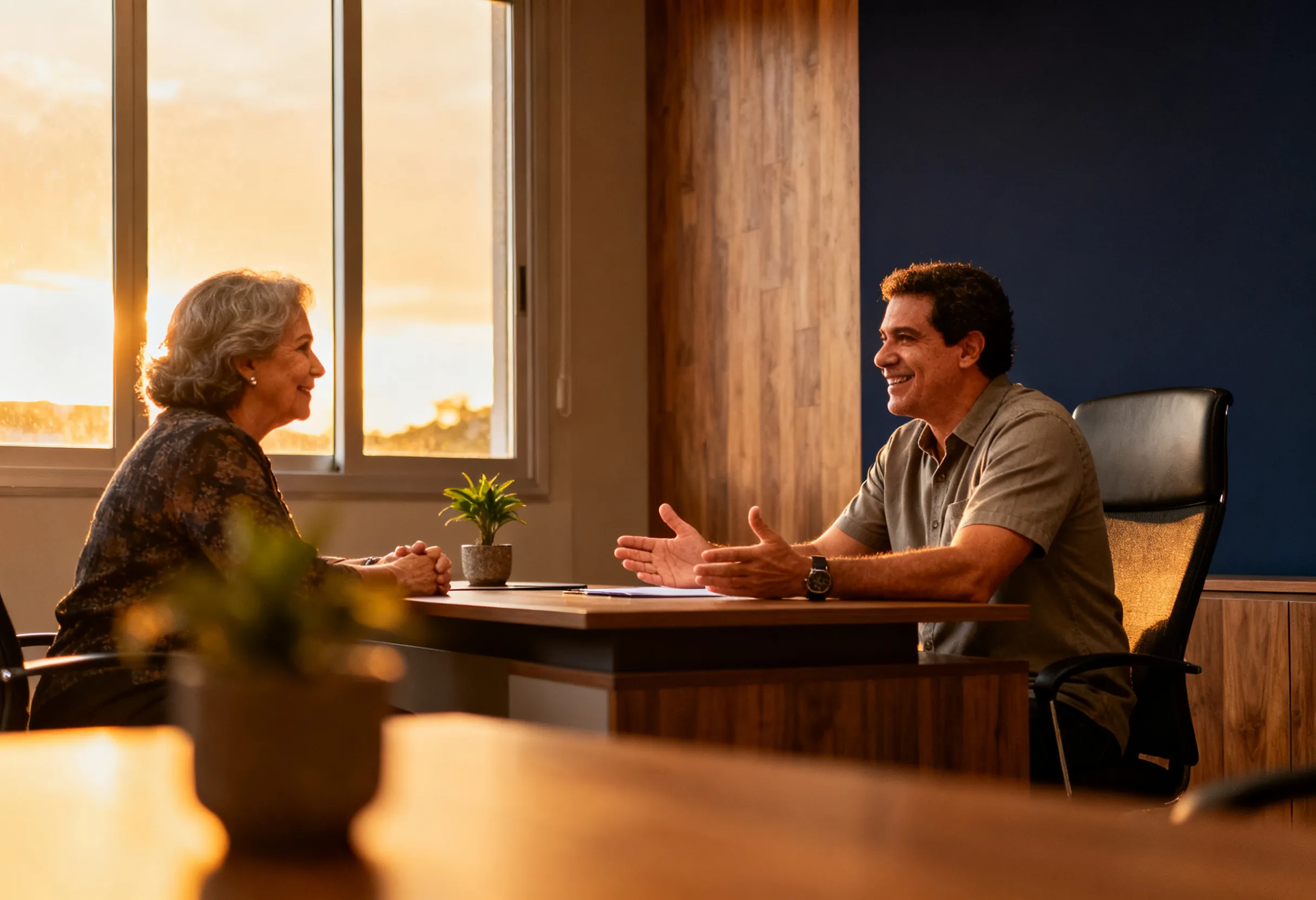 Consultor da MRZ conversando com uma cliente na mesa do escritório.